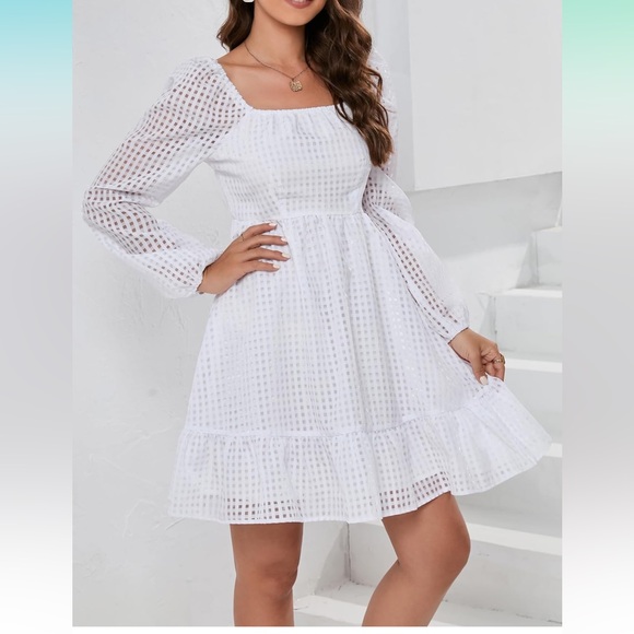 Womens Puff Sleeve Square Neck Puffy Dress Babydoll Mesh Mini Dress L - Picture 4 of 5
